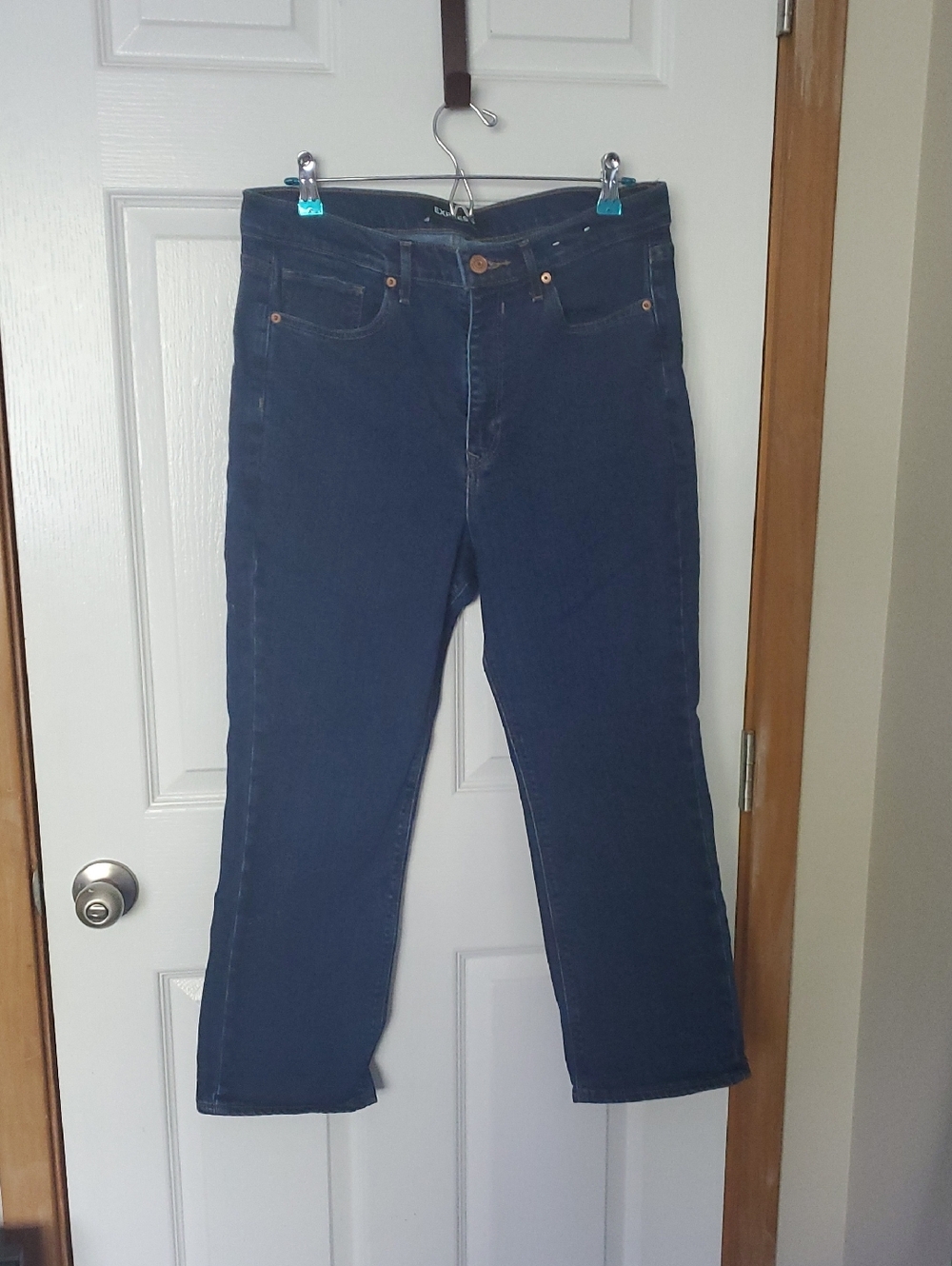 Express Dark Blue Denim Cropped High Rise Jeans Jeans with Contrast Stitching